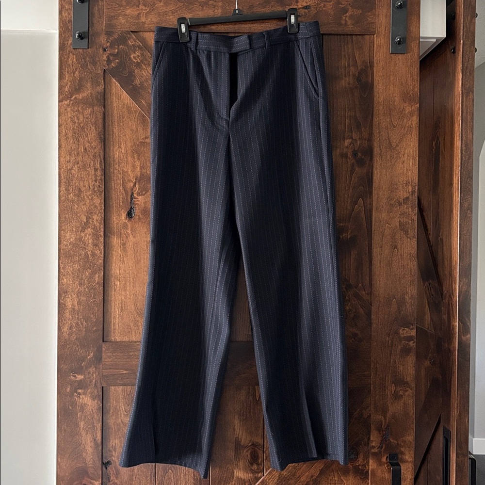 White House Black Market Navy Blue Pink Pinstripe Trousers Wide Leg sz 12